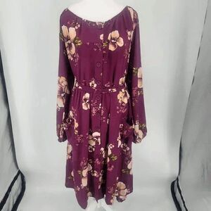 ODDI Burgundy Floral Short Dress Button Front Long Sleeve Women's
